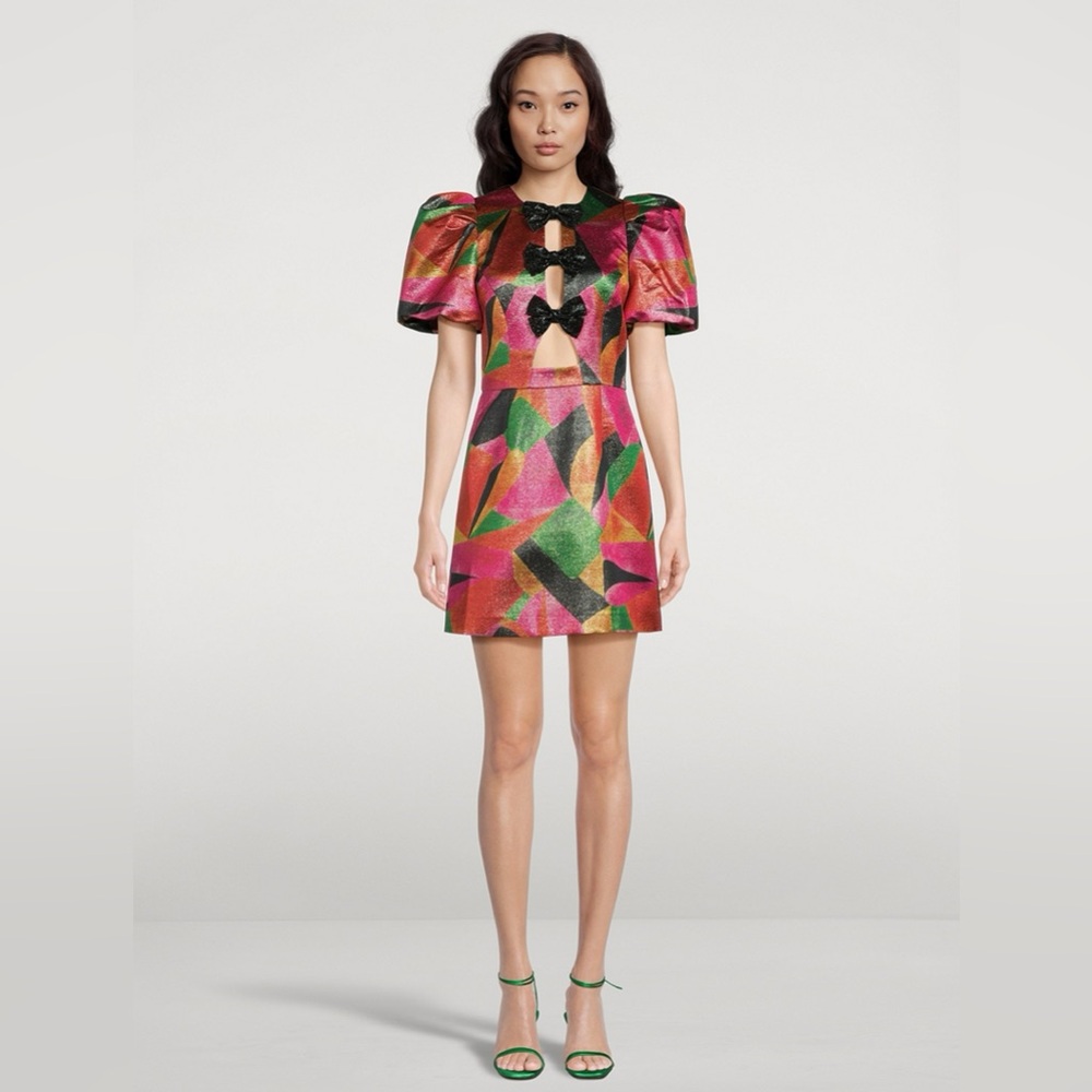 Rebecca Vallance Copacabana Bow Mini Dress in a geometric metallic print